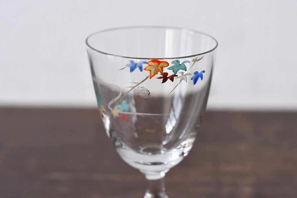 アンティーク雑貨　大正期　エナメル絵付け　リキュールグラス(酒器、ガラス盃)3個セット