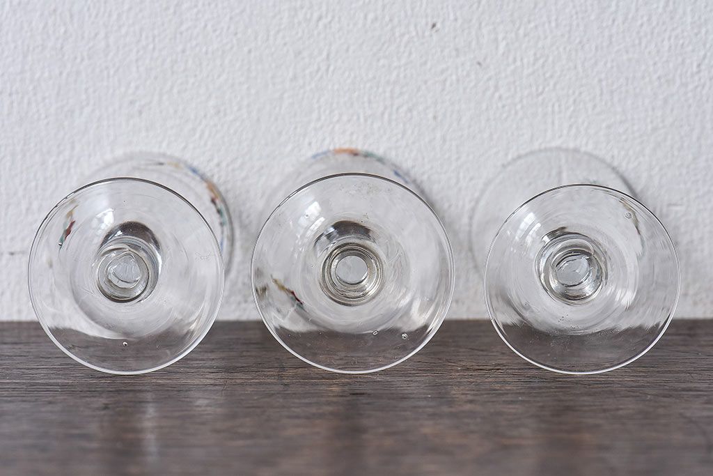 アンティーク雑貨　大正期　エナメル絵付け　リキュールグラス(酒器、ガラス盃)3個セット