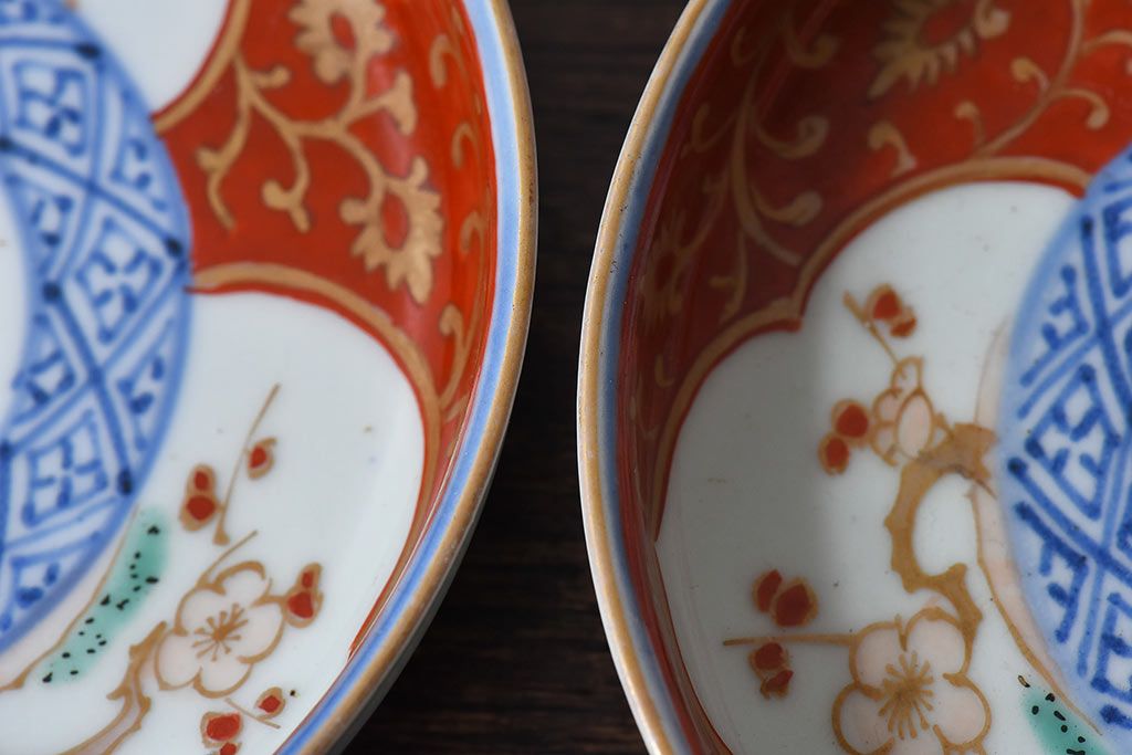 アンティーク雑貨　江戸期　古伊万里　赤絵染付小皿(和食器)2枚セット(1)