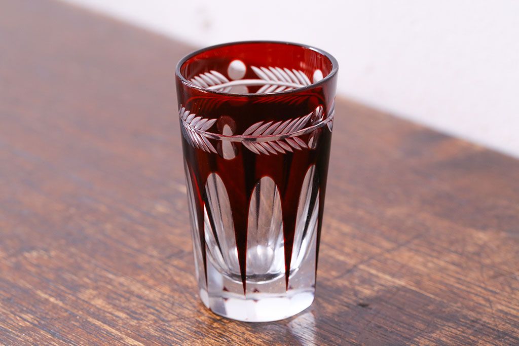 アンティーク雑貨 昭和初期 赤被せ 切子ショットグラス(酒器、和食器