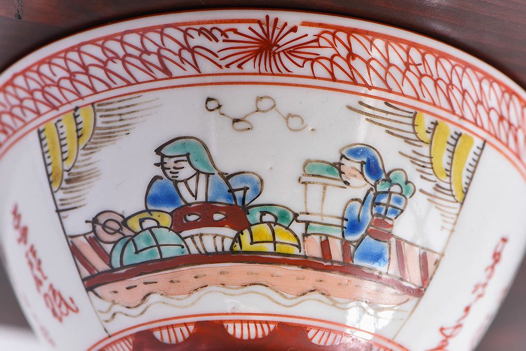 アンティーク雑貨　幕末〜明治期!　余白を美しく魅せる赤絵染付蓋茶碗(1)