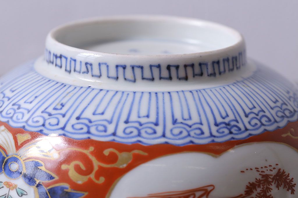 江戸期　大明成化年製　古伊万里　赤絵南蛮図染付　蓋茶碗(2)