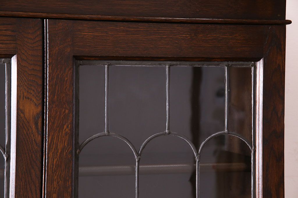 アンティーク家具　イギリスアンティーク　ステンドグラスがおしゃれな大型ビューローブックケース(簿記机、本棚、チェスト)