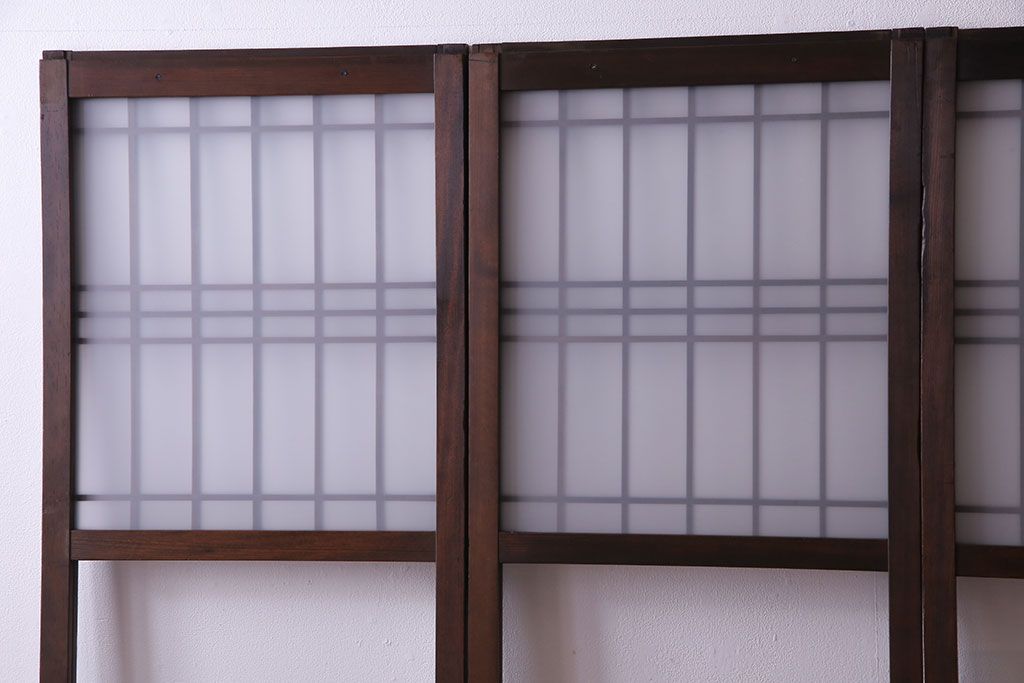 昭和中期　すりガラスの入り!幅の狭い変わり型格子ガラス戸(引き戸、格子戸、建具)4枚組