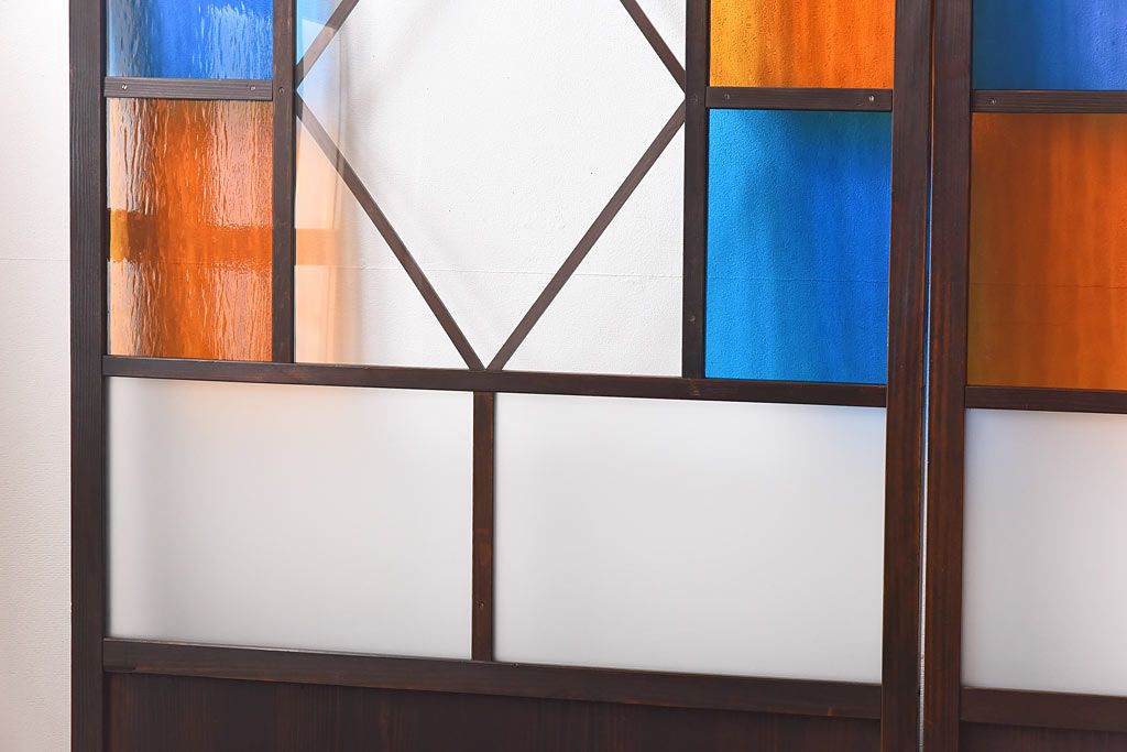 大正ロマン　色ガラス入り　レトロなデザインのガラス戸(引き戸、建具)4枚組