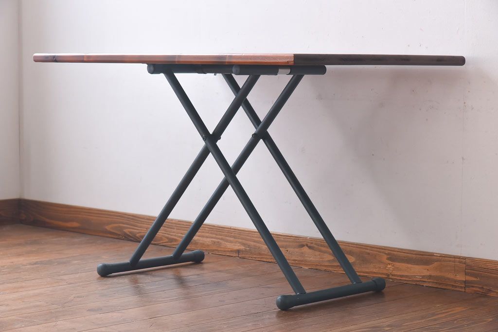 ラフジュ工房オリジナル　ヒノキ材　ネイビーの脚が格好いいリフティングテーブル(サイドテーブル、センターテーブル、作業台)(3)