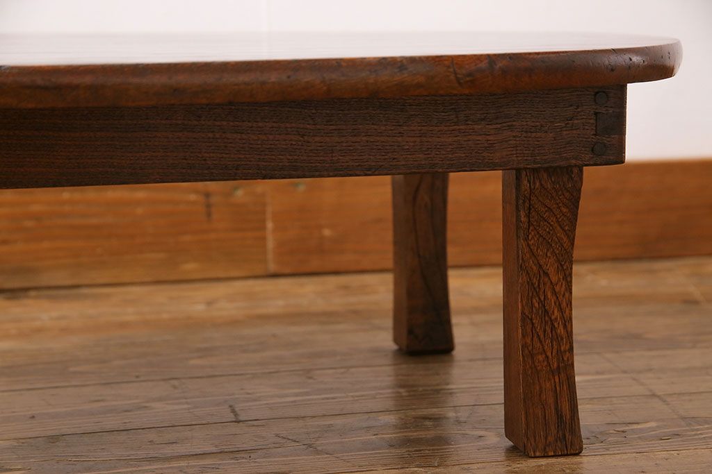 レトロ家具　昭和レトロ　栓材一枚板　力強い杢目が魅力のオーバル型ちゃぶ台(座卓、ローテーブル)