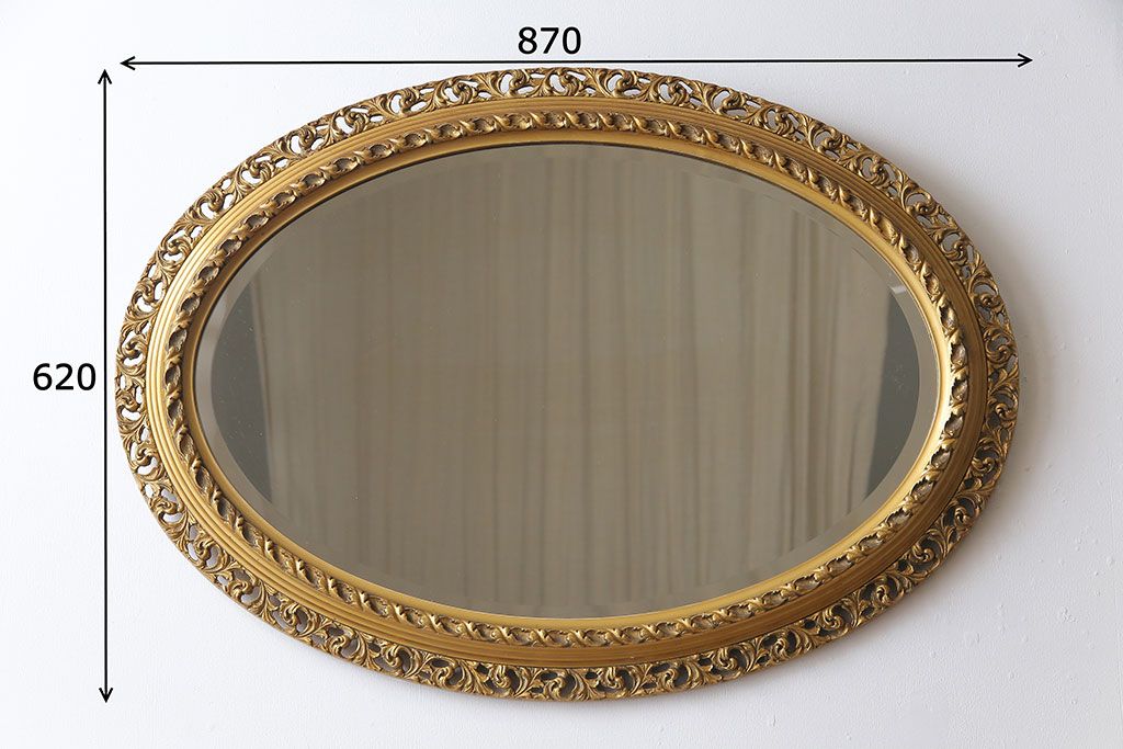 アンティーク雑貨　フランスヴィンテージ　上品なデザインが目を惹くオーバルミラー(ウォールミラー、壁掛け鏡、ビンテージ)