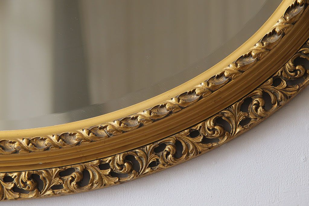 アンティーク雑貨　フランスヴィンテージ　上品なデザインが目を惹くオーバルミラー(ウォールミラー、壁掛け鏡、ビンテージ)