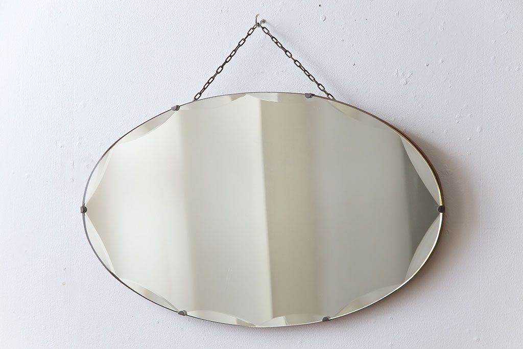 アンティーク雑貨　イギリスビンテージ　シックな空間にぴったりのカットガラスオーバルミラー(鏡)(1)