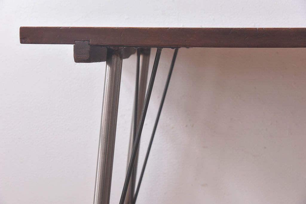 昭和中期　古材をリメイクした味わいのあるアイアンテーブル(作業台、カフェテーブル)