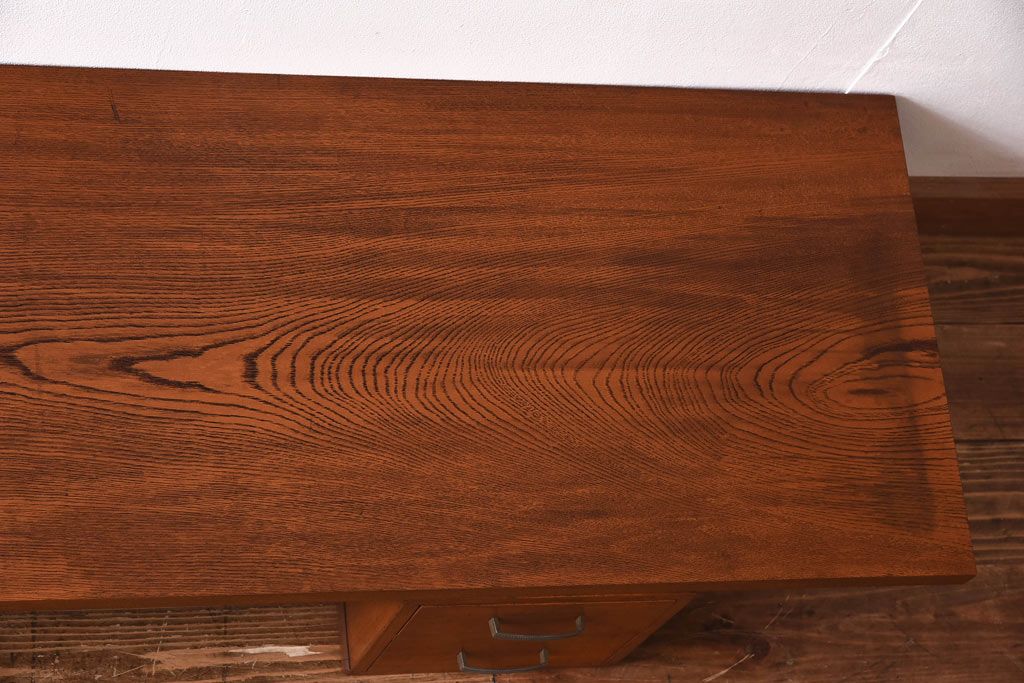 アンティーク雑貨　天板一枚板　小引き出し付き　ケヤキの木目が美しい裁ち板(作業台、ローボード)