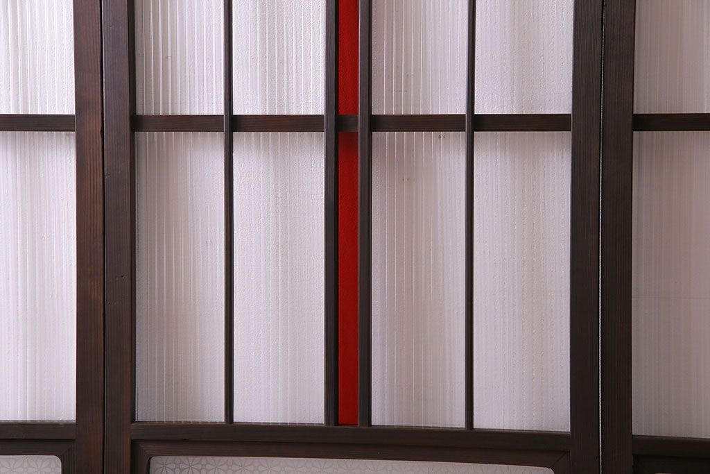 赤い色ガラスがおしゃれな花模様カットガラス入り帯戸(ガラス帯戸、ガラス戸、引き戸、建具)4枚セット