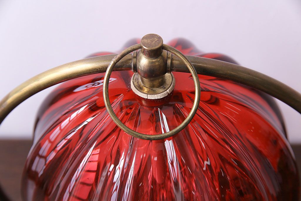 昭和期　IWATA GLASS(イワタグラス、岩田工芸硝子)　赤いガラスのスタンドライト(共箱付き)(ナイトスタンド、テーブルランプ、卓上照明)