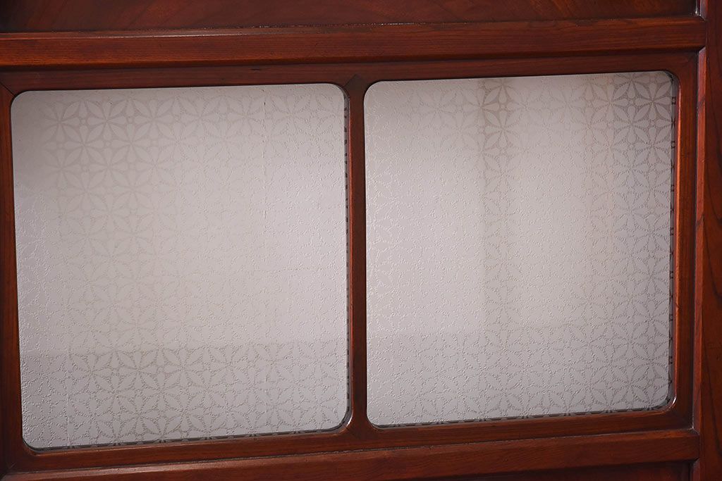 最上手!　総ケヤキ無垢・鏡板一枚板　オリジナルガラスの帯戸(ガラス帯戸、ガラス戸、板戸、引き戸、建具)4枚組