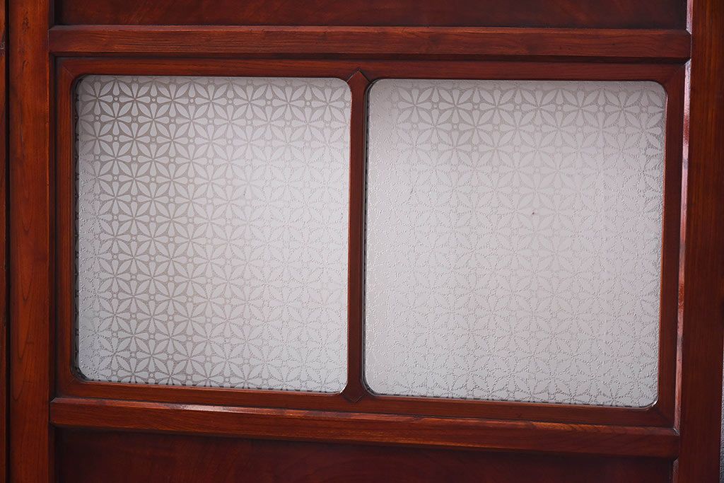 最上手!　総ケヤキ無垢・鏡板一枚板　オリジナルガラスの帯戸(ガラス帯戸、ガラス戸、板戸、引き戸、建具)4枚組