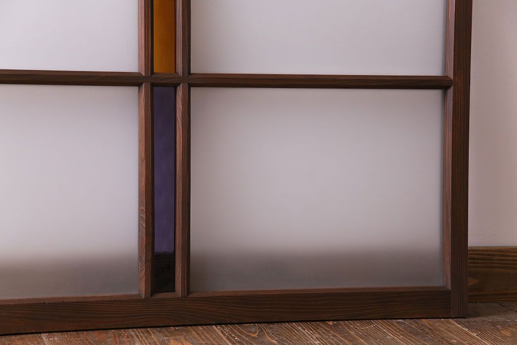 昭和レトロ　2色の色ガラスがアクセントの窓(引き戸、ガラス戸)2枚セット