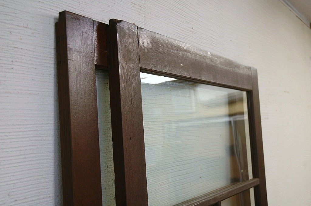 古いナラ材の重厚なガラス戸2枚セット