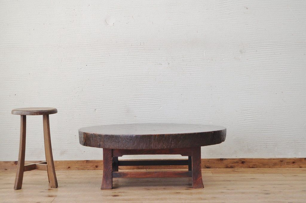 アンティーク家具　☆古い欅材の漆塗り切り株座卓