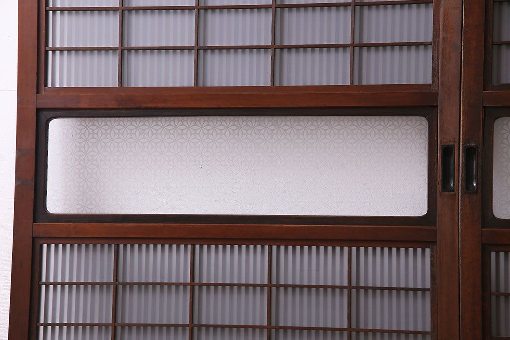 昭和レトロ　板ガラス裏障子留め　花模様ガラス　レトロスタイルの演出におすすめの格子ガラス戸2枚セット(ガラス帯戸、引き戸)(1)(R-030376)