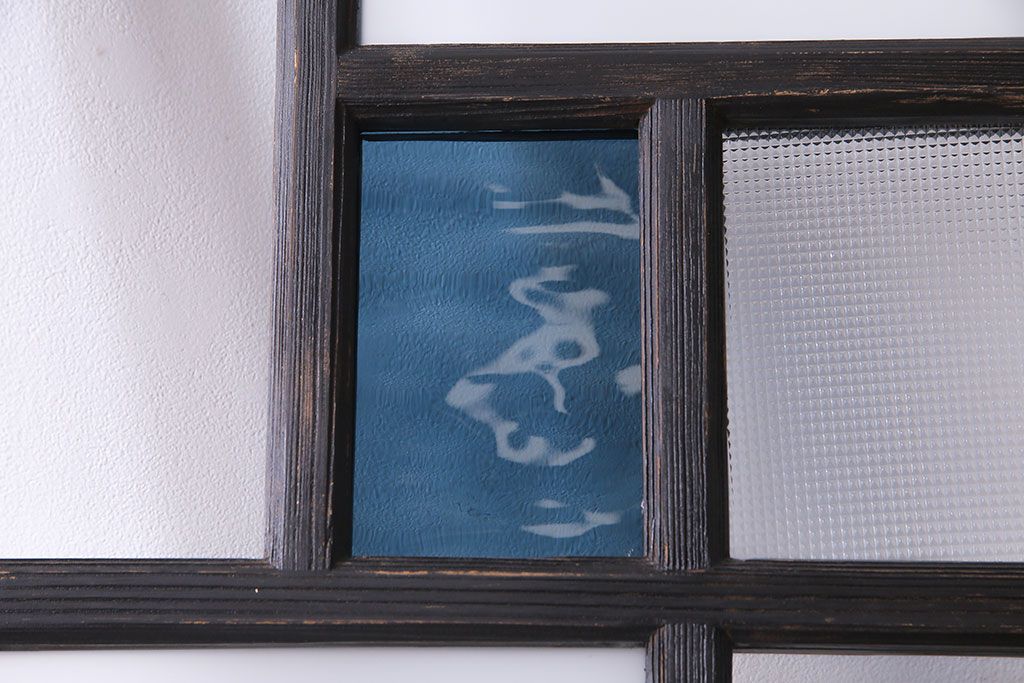 大正ロマン　ペイント　色ガラス シックな雰囲気漂うガラス戸2枚セット(引き戸)(R-030383)