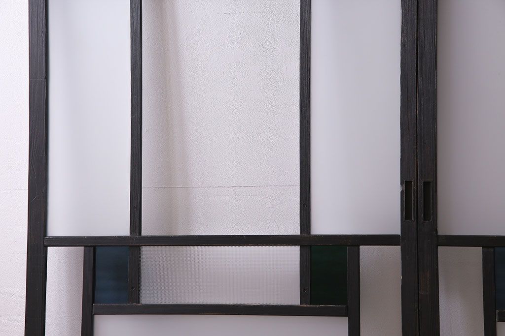 大正ロマン　ペイント　色ガラス シックな雰囲気漂うガラス戸2枚セット(引き戸)(R-030383)