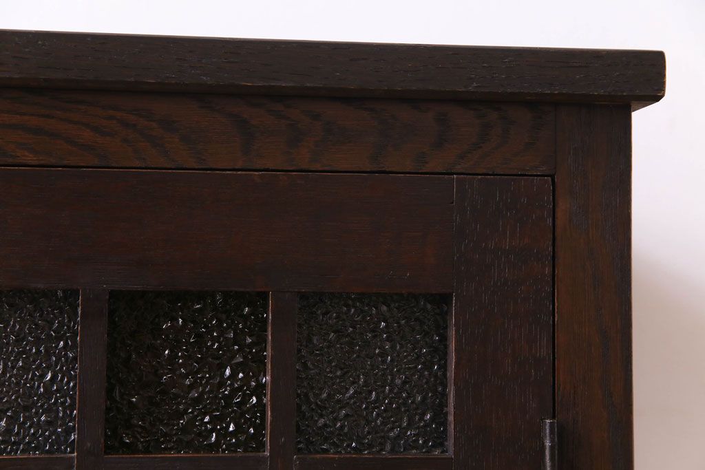 アンティーク家具　大正ロマン　ナラ材　柔らかな色合いの当時物色ガラスが魅力的な本箱(収納棚、戸棚、キャビネット)(R-030481)