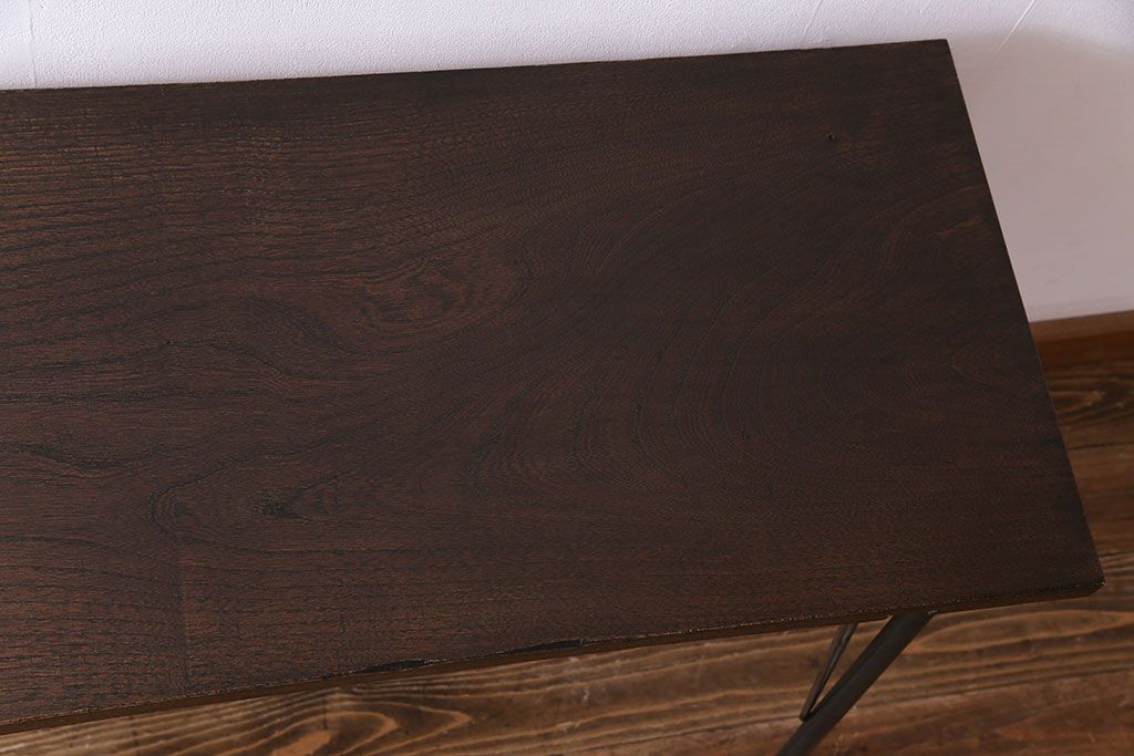 明治大正期　ケヤキ一枚板　古材をリメイクした鉄脚テーブル(コンソールテーブル、作業台)