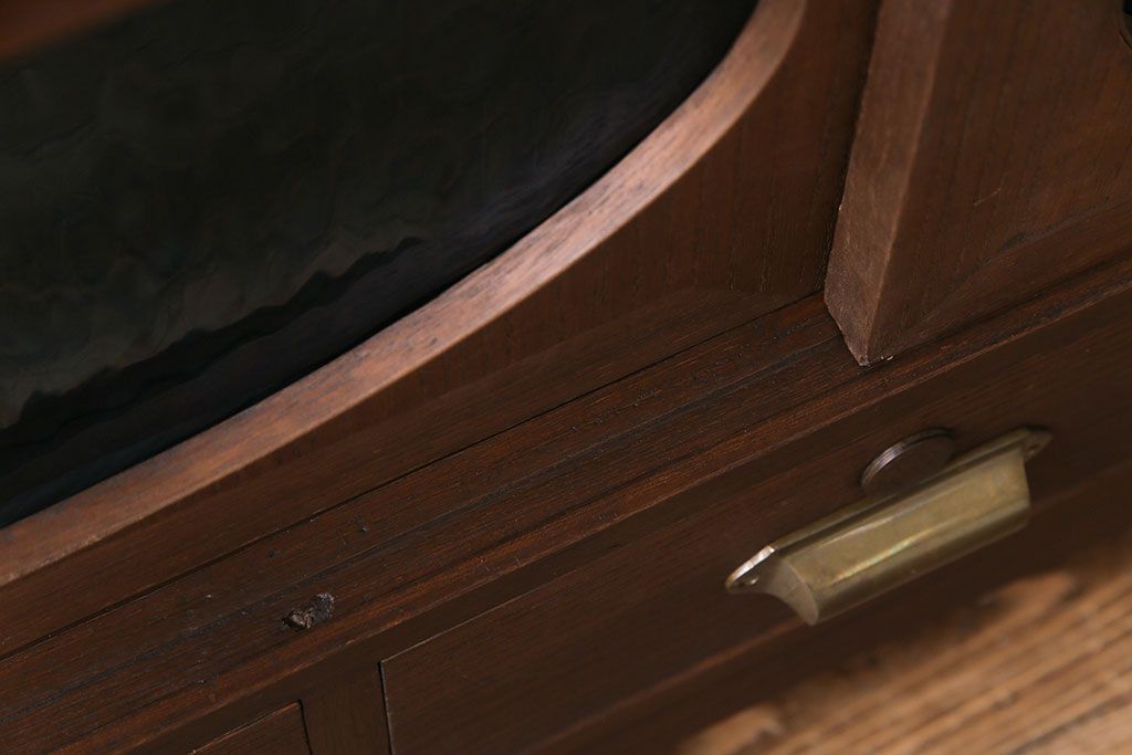 レトロ家具　昭和レトロ　海を思わせる色ガラスが美しい丸窓のローボード(戸棚、収納棚、リビングボード)