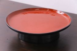 和製アンティーク　会津漆器　朱赤の漆塗りが美しい高台付き丸盆(丸膳)(3)