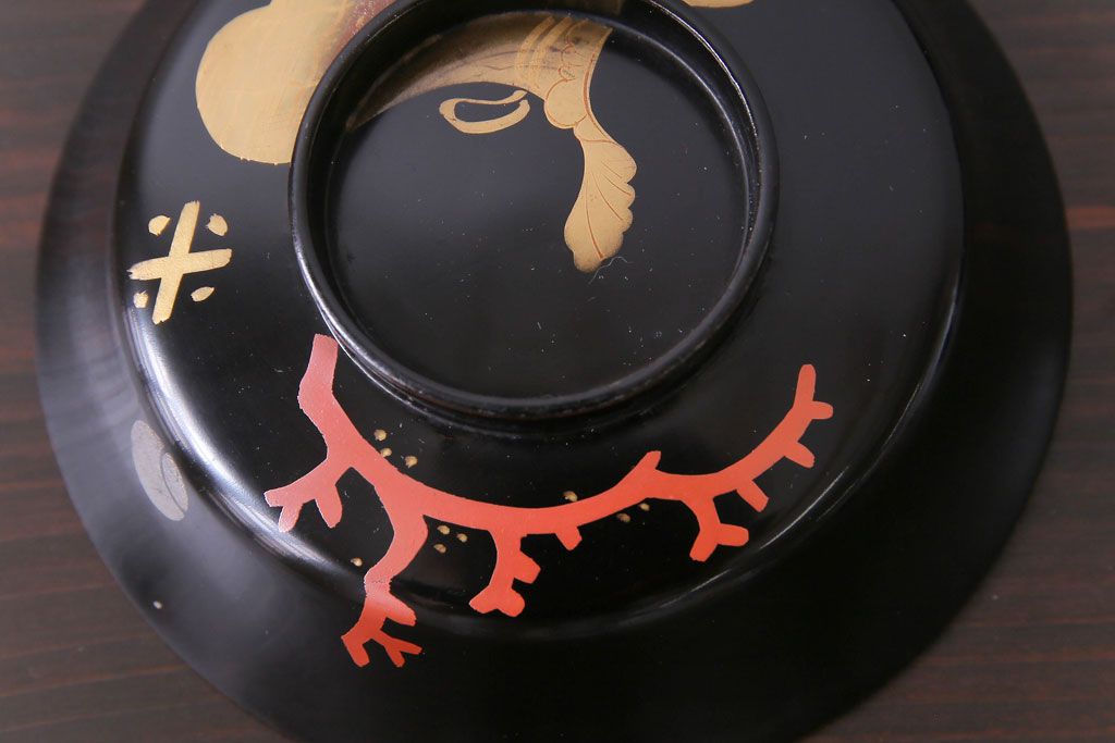 和製アンティーク　黒漆器　赤珊瑚が描かれた木製碗5客セット(漆器)