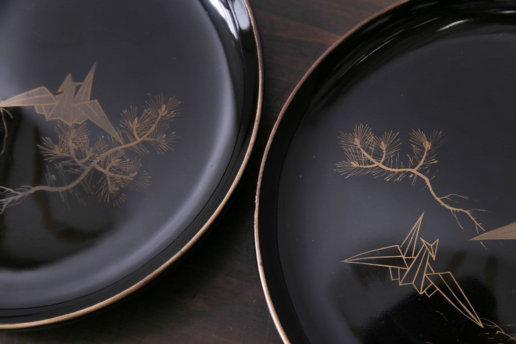 和製アンティーク　大正昭和初期　蒔絵　折鶴の図柄が可愛らしい木製皿5枚セット(漆器)(1)