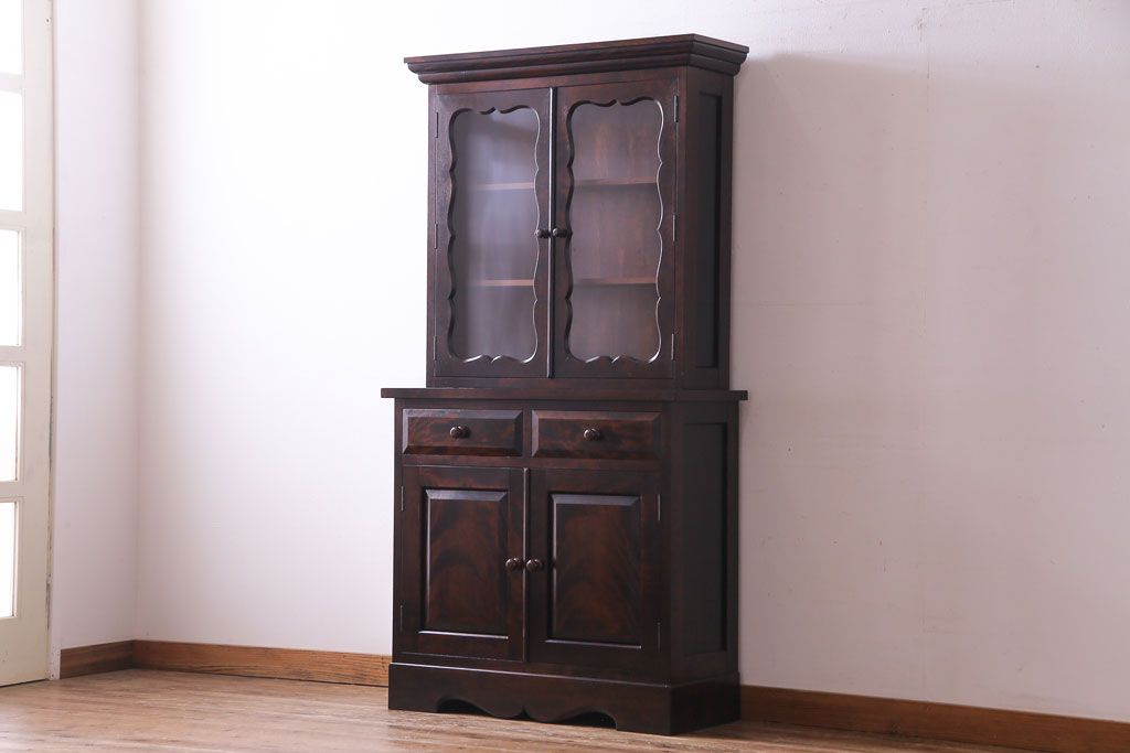 中古　松本民芸家具　#58型　お洒落な扉が印象的な食器棚(カップボード、収納棚)
