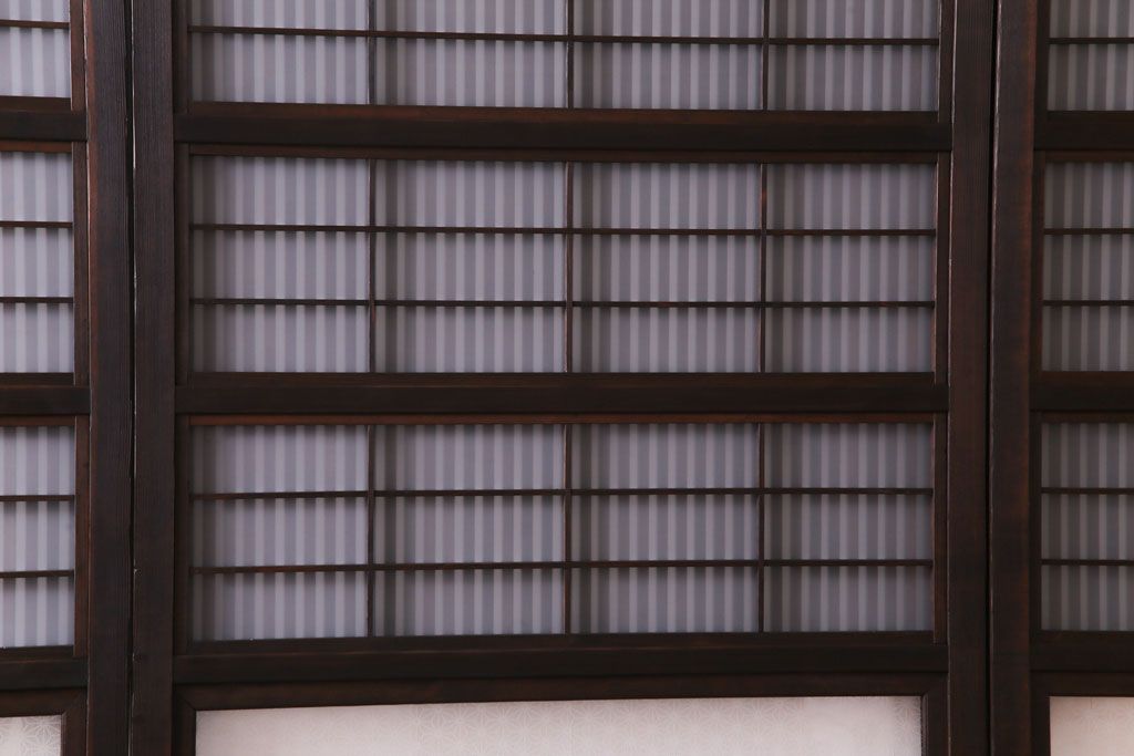 昭和レトロ　板ガラス裏障子留め　懐かしさを感じる麻の葉ガラス入り格子帯戸(ガラス帯戸、格子戸、引き戸、建具)4枚組