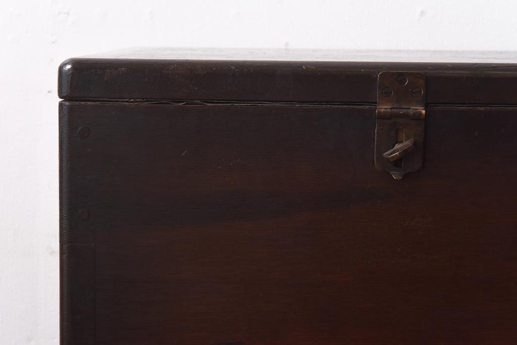 アンティーク雑貨　昭和レトロ　栓材・鉛板張り　奥行スリムな蓋付き木箱(収納箱)