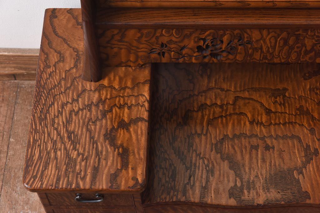 アンティーク雑貨　和製アンティーク　タモ玉杢材張り　透かし彫りが上品なドレッサー(鏡台、ミラー)