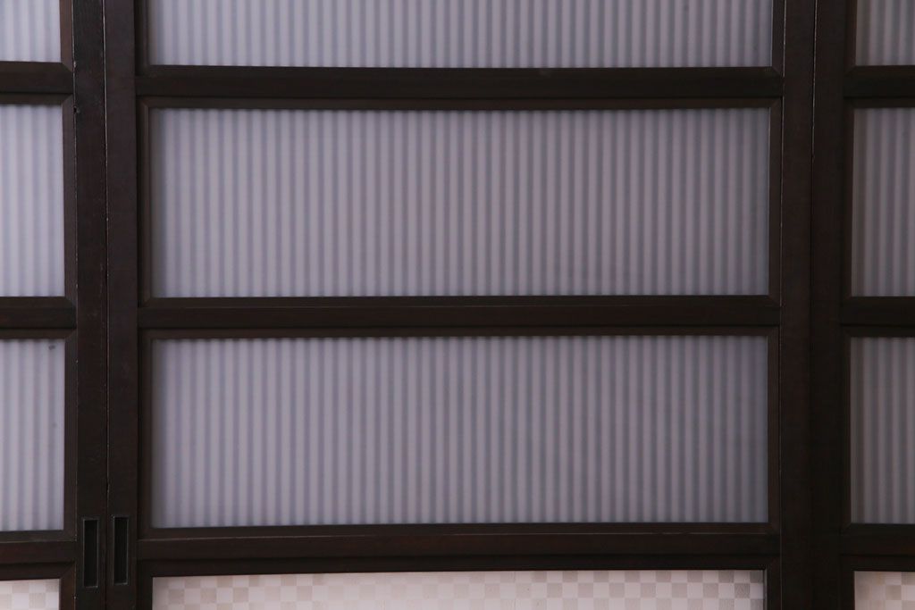 和製アンティーク　倹飩式裏ガラス　市松模様のガラスが目を引くモダンな格子戸(ガラス帯戸、引き戸、ガラス戸)4枚セット