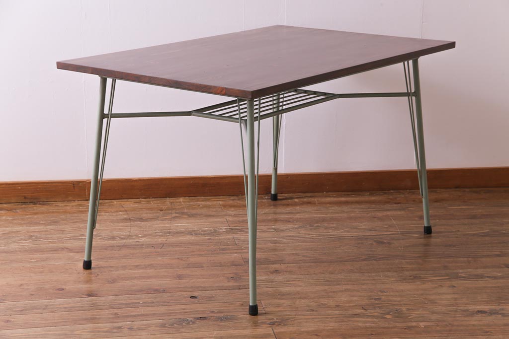 ラフジュ工房オリジナル　ヒノキ材　棚付きで使いやすいペイントの鉄脚テーブル(カフェテーブル、ダイニングテーブル、作業台)