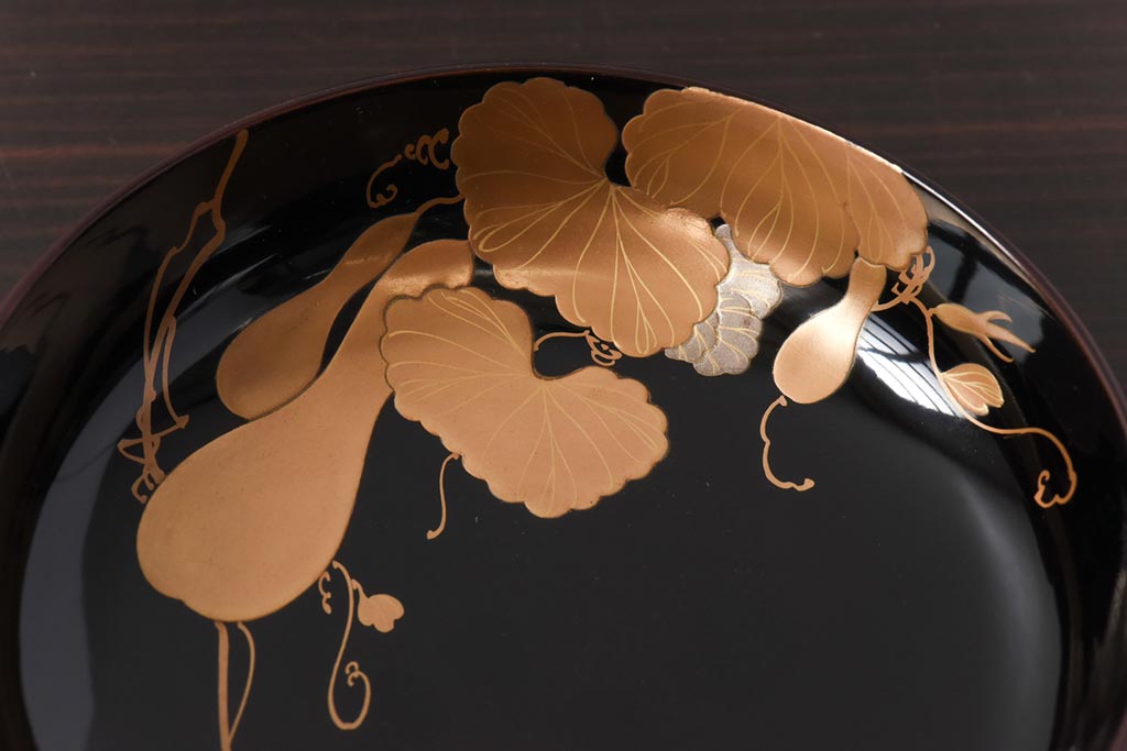 和製アンティーク　輪島塗　高蒔絵　瓢箪の図　上質な蓋付き木製椀(漆器、和食器)5客セット(1)