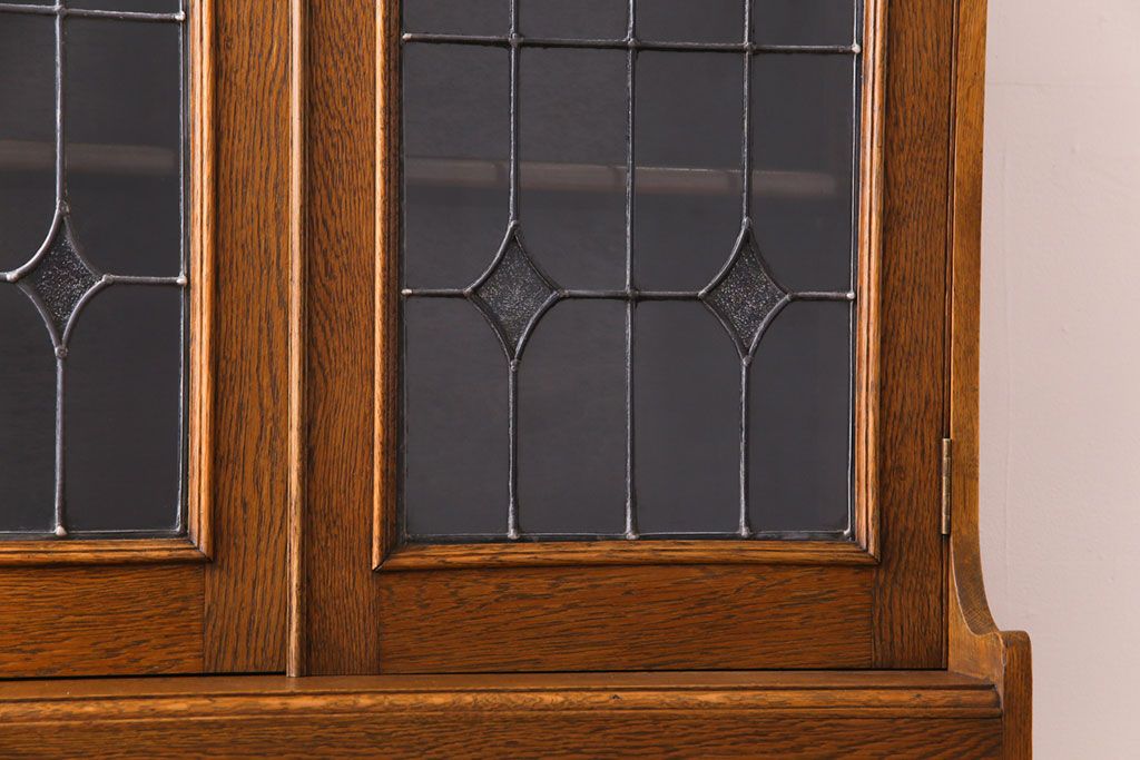 アンティーク家具　イギリスアンティーク　オーク材　ステンドグラスがお洒落なブックケース(収納棚、キャビネット)