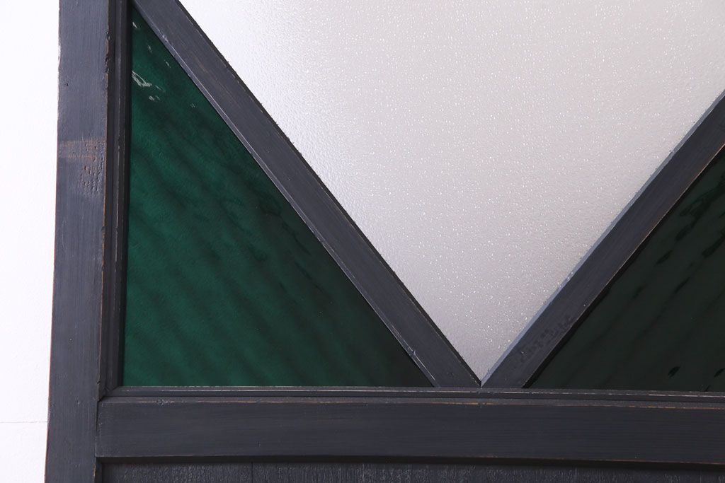 和製アンティーク　リメイク　色ガラス入りの大きなペイントガラス戸(引き戸、建具、玄関戸)