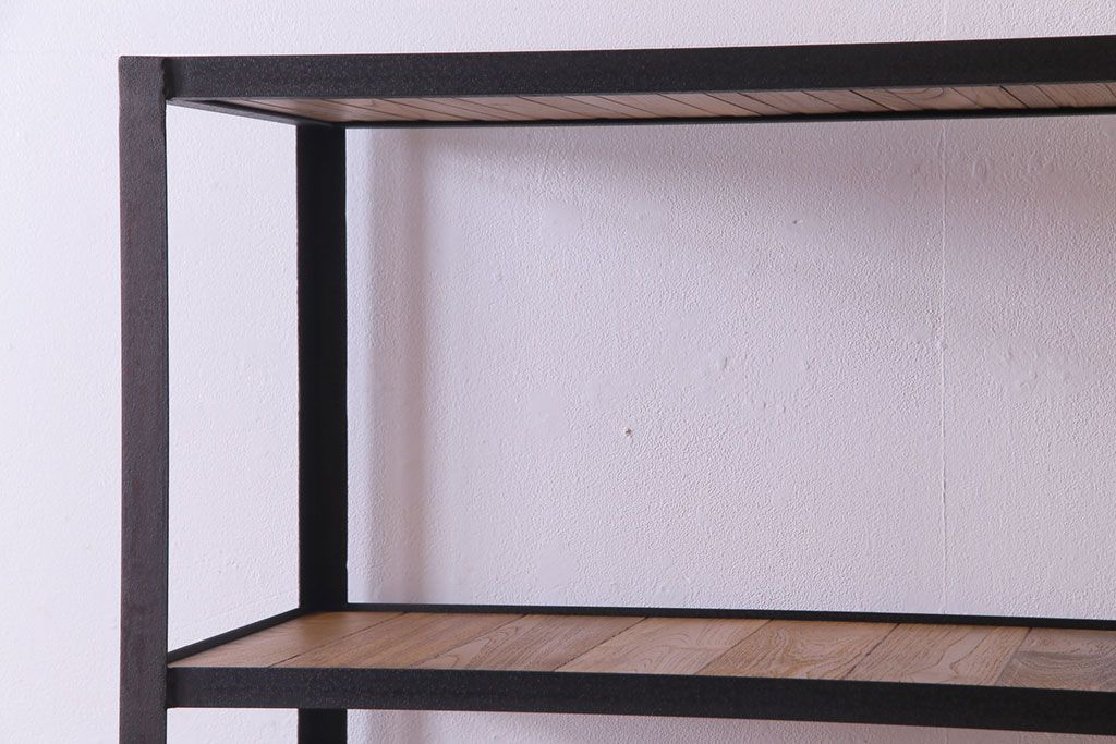 ラフジュ工房オリジナル　チーク材　アンティーク加工が施された味わいのあるアイアンラック(飾り棚)