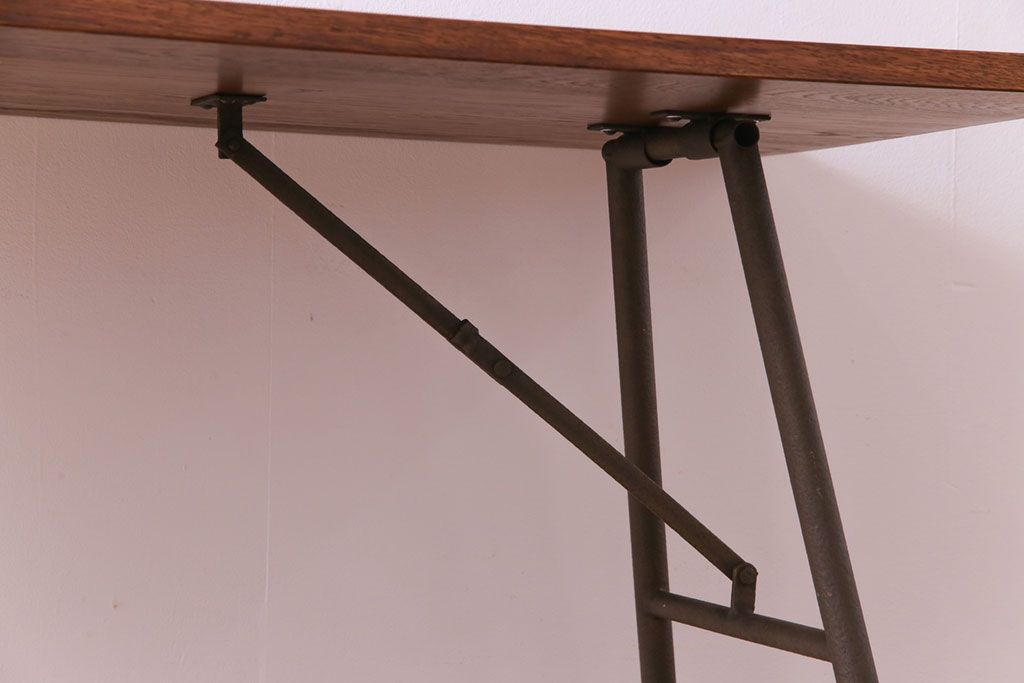 ラフジュ工房オリジナル　鉄脚　ホワイトオーク材製折りたたみテーブル(作業台、ワークデスク、在宅ワーク、在宅用)