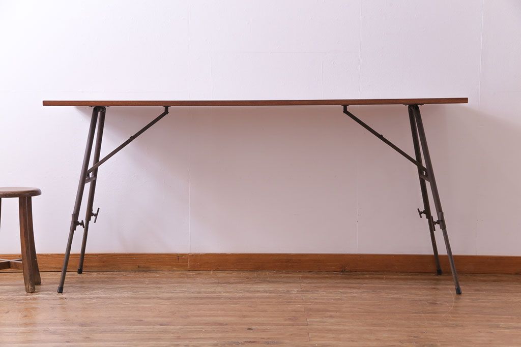 ラフジュ工房オリジナル　鉄脚　ホワイトオーク材製折りたたみテーブル(作業台、ワークデスク、在宅ワーク、在宅用)