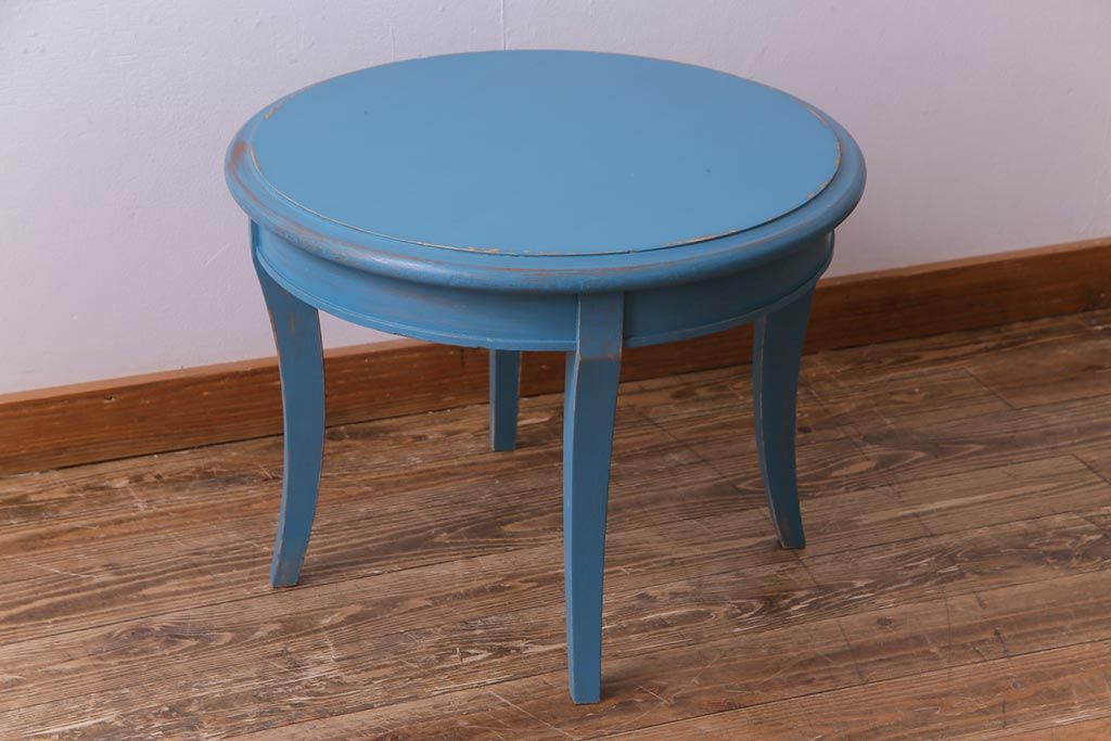 ペイント家具　リメイク　天童木工　レトロな色合いのラウンドテーブル(サイドテーブル、センターテーブル)