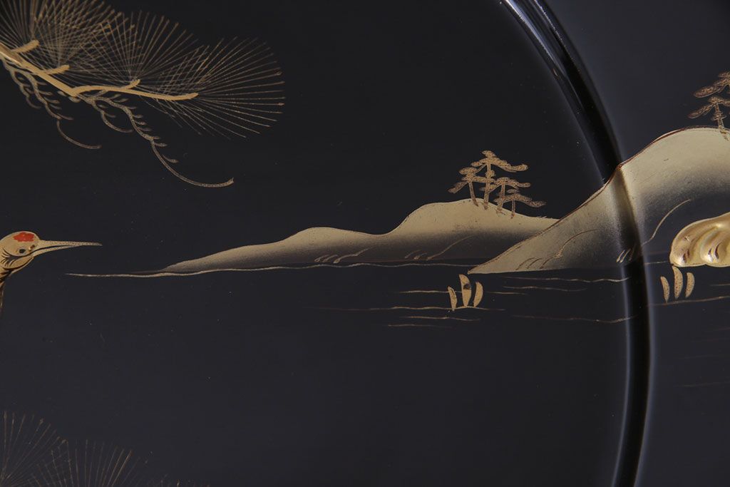 アンティーク雑貨　和製アンティーク　螺鈿入り　鶴・松の図　金彩高蒔絵木製大皿(漆器、和食器)