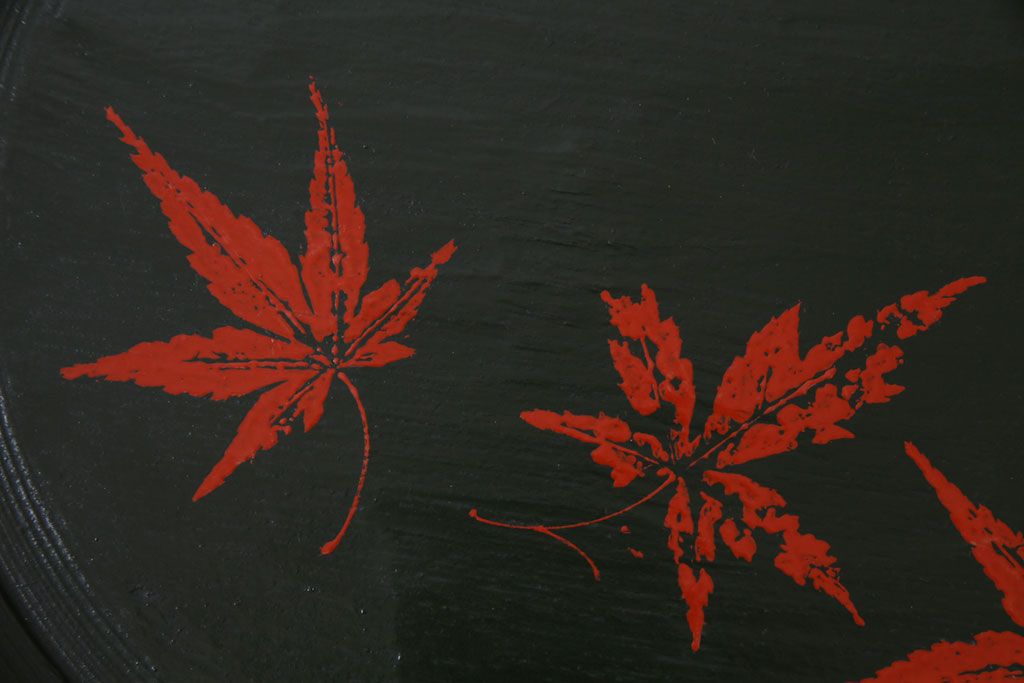 和製アンティーク　紅葉の図　共箱付き青漆丸型膳(お盆、漆器)5枚セット