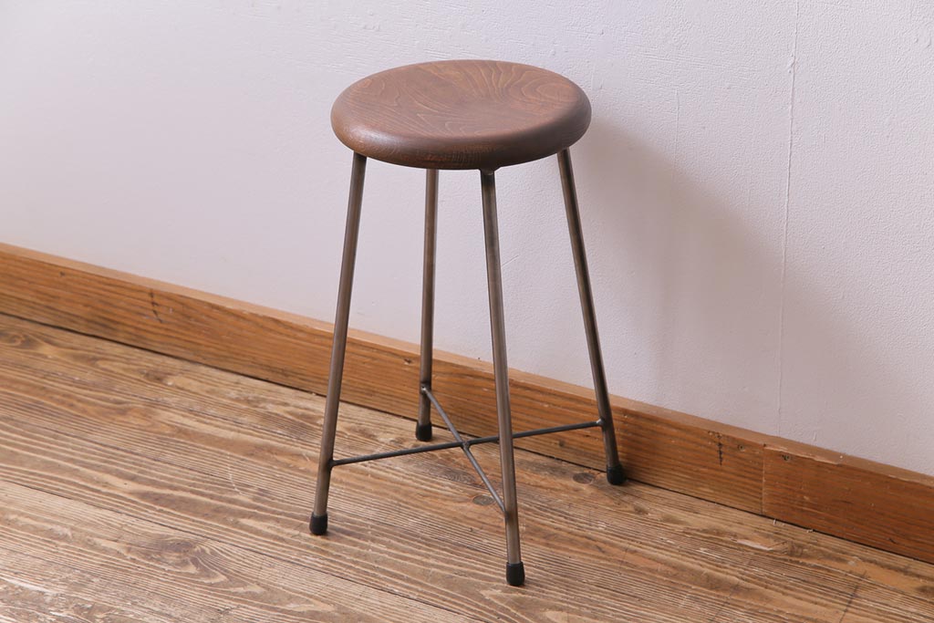 ラフジュ工房オリジナル　細身の鉄脚が格好いい丸スツール(チェア、椅子)(2)