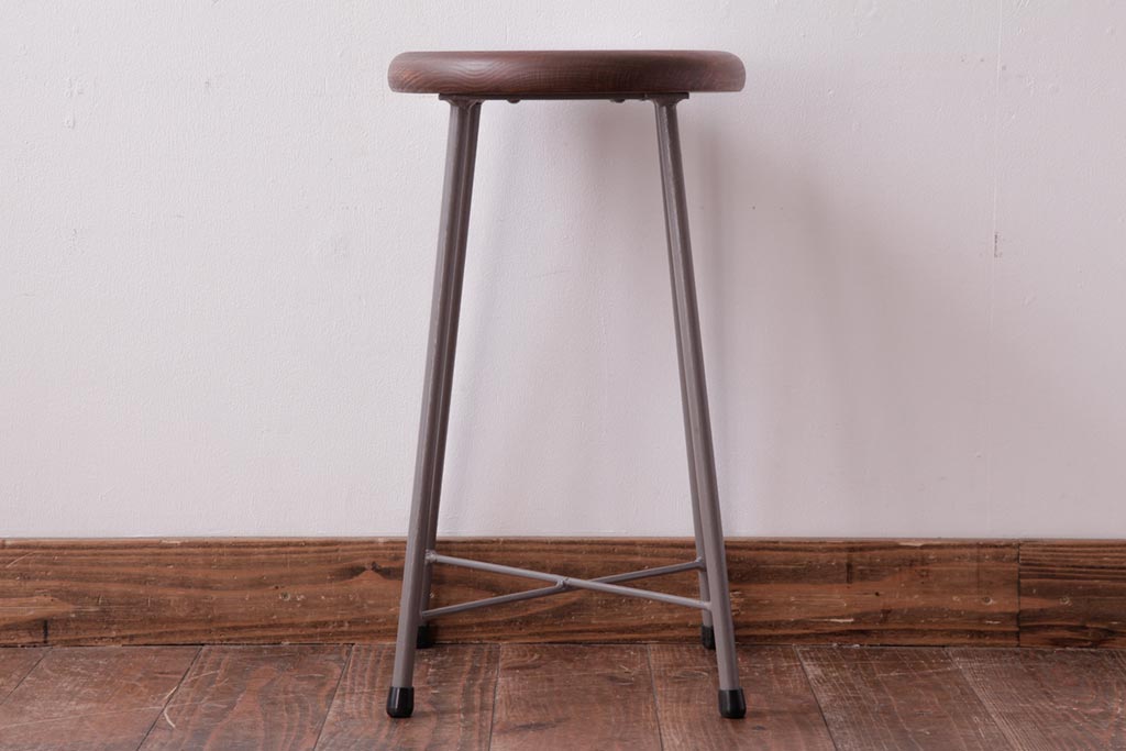 アンティーク雑貨　ラフジュ工房オリジナル　鉄脚　落ち着いた色味がおしゃれな丸スツール(チェア、椅子)(1)
