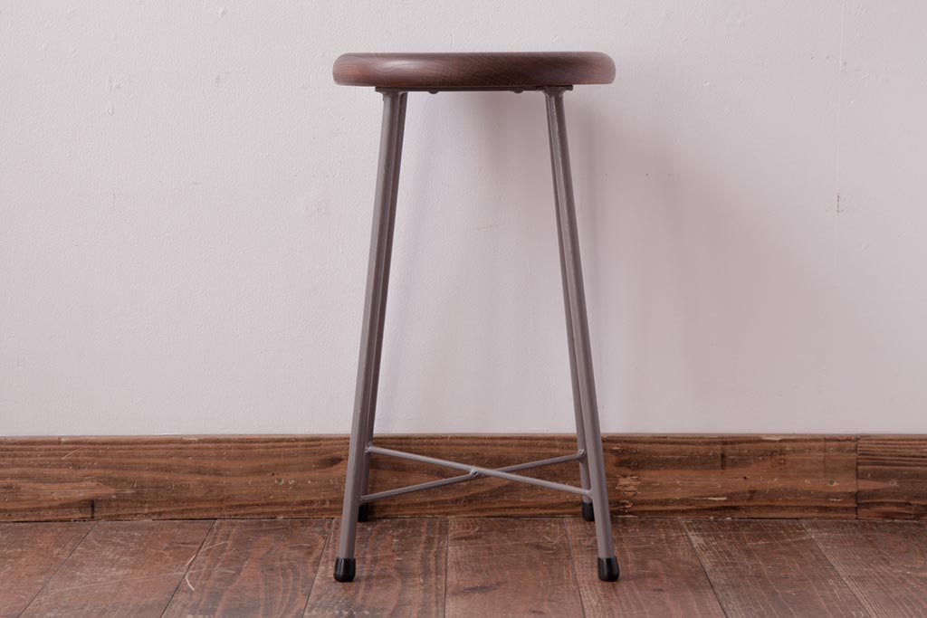 アンティーク雑貨　ラフジュ工房オリジナル　鉄脚　落ち着いた色味がおしゃれな丸スツール(チェア、椅子)(1)